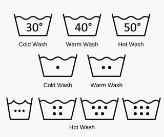 9 black tub laundry symbols on a white background for determining the heat to wash items at