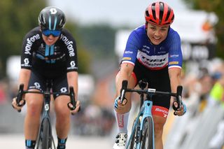 VARGARDA SWEDEN AUGUST 07 Audrey CordonRagot of France and Team Trek Segafredo the winner of the race after the disqualification of Marianne Vos of Netherlands and Jumbo Visma Team during the 15th Postnord Vrgrda WestSweden 2022 Road Race a 1257km stage from Vargarda to Vargarda UCIWWT VargardaCycling on August 07 2022 in Vargarda Sweden Photo by Luc ClaessenGetty Images