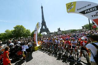 PARIS FRANCE JULY 24 Sanne Cant of Belgium and Team PlanturPura Christina Schweinberger of Austria and Team PlanturPura Elisa Balsamo of Italy and Team Trek Segafredo Eugenia Bujak of Slovenia and UAE Team ADQ Audrey CordonRagot of France and Team Trek Segafredo Margarita Victoria Garcia Caellas of Spain and UAE Team ADQ Nicole Frain of Australia and Team Parkhotel Valkenburg Frances Janse Van Rensburg of South Africa and Team Stade Rochelais Charente Maritime Petra Stiasny of Switzerland and Team Roland Cogeas EdelweissIsraelPremier Tech and Cecilie Uttrup Ludwig of Denmark Team Fdj Nouvelle Aquitaine Futuroscope and The Peloton prior to the 1st Tour de France Femmes 2022 Stage 1 a 817km stage from Paris Tour Eiffel to Paris Champslyses TDFF UCIWWT on July 24 2022 in Paris France Photo by Dario BelingheriGetty Images