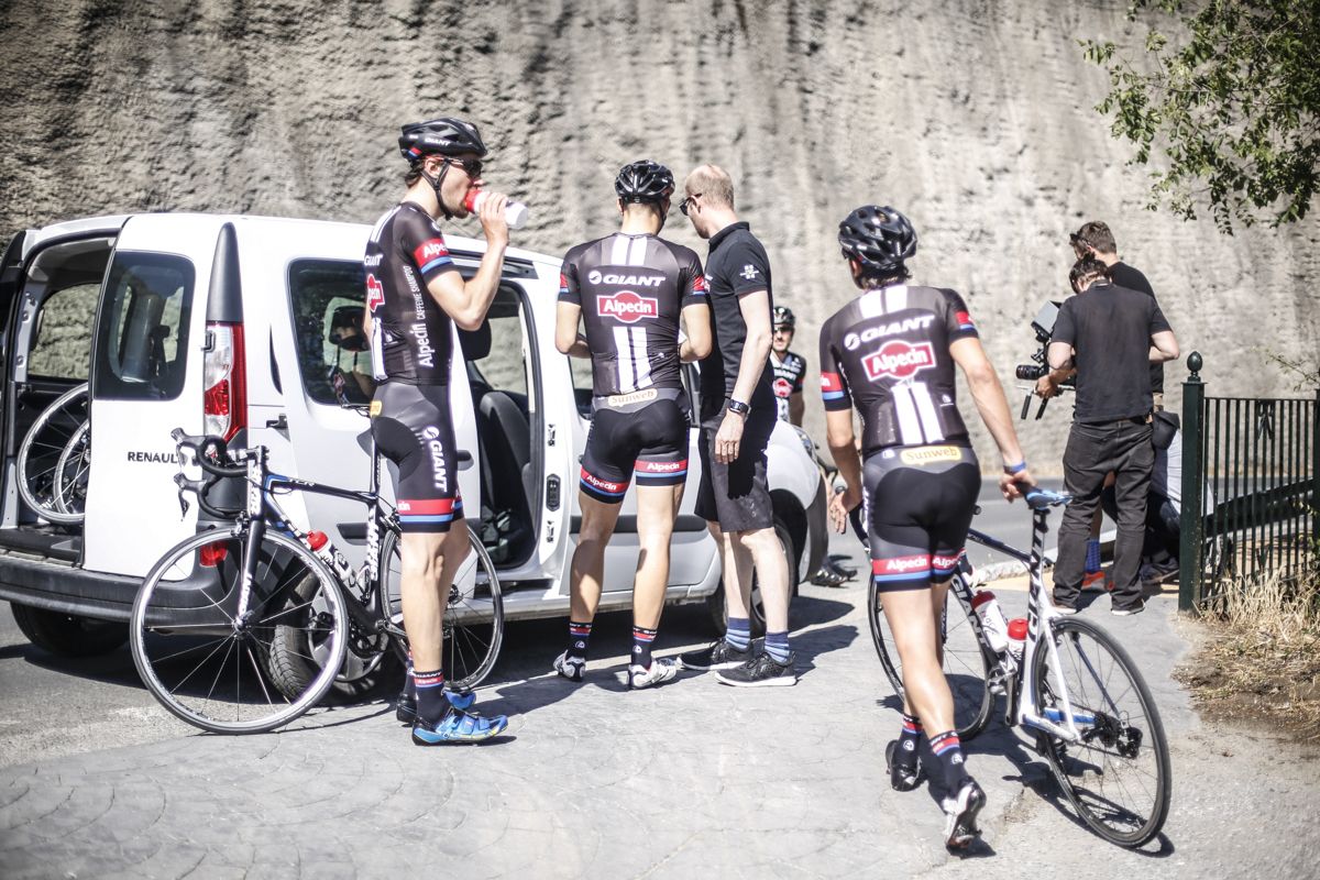 The Giant-Alpecin take a drink during a training ride