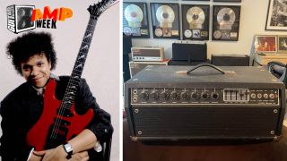 Eddie Martinez with his red Hamer S-style &ndash; and the Mesa Boogie Coliseum he bought that was previously owned by Prince