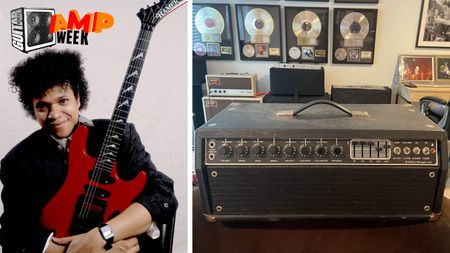 Eddie Martinez with his red Hamer S-style – and the Mesa Boogie Coliseum he bought that was previously owned by Prince