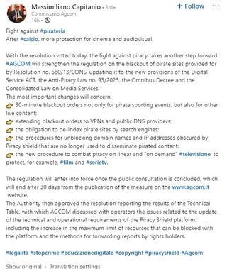 Screenshot of English translated LinkedIn post published by Italy's AGCOM commissioner about new requirements under the country's anti-piracy law.