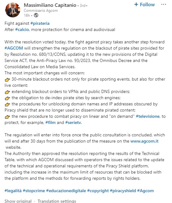 Screenshot of English translated LinkedIn post published by Italy's AGCOM commissioner about new requirements under the country's anti-piracy law.