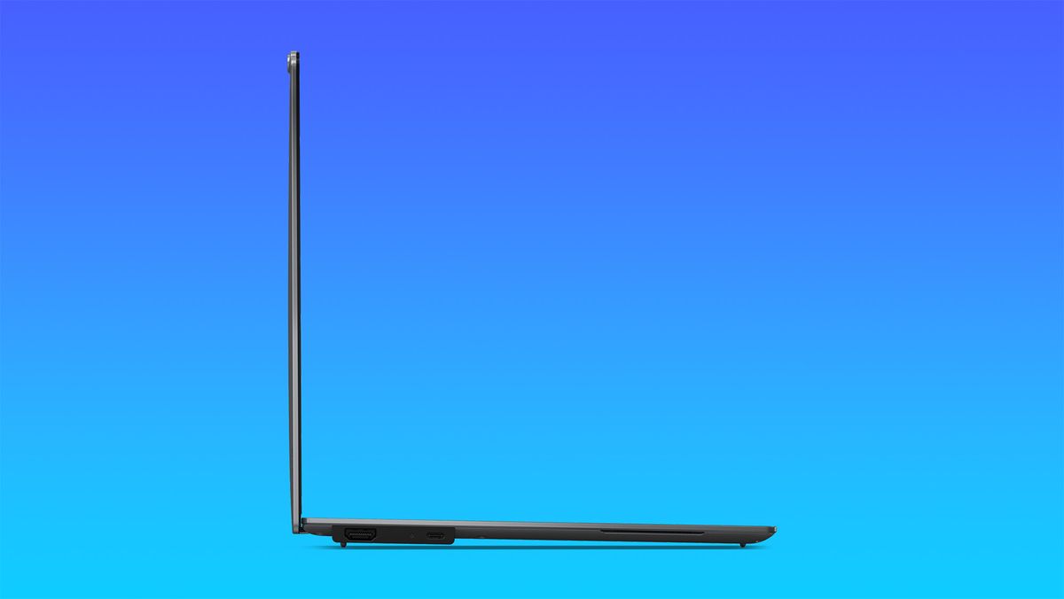 Lenovo ThinkPad X9 15 Aura Edition on a light blue to dark blue gradient background.