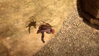 A Red Dead Online cowboy pukes as he falls down the edge of a cliff
