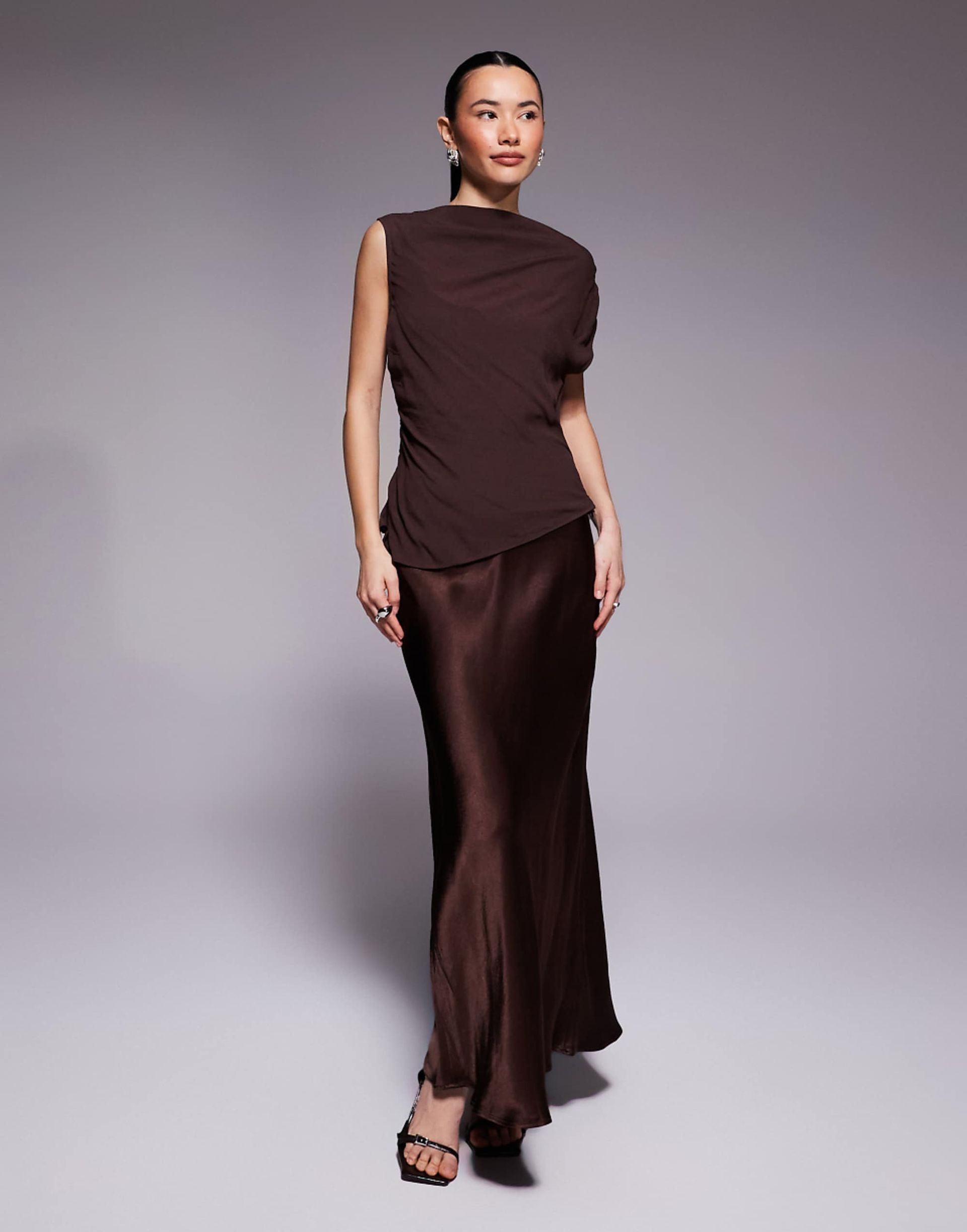 Forever New Petite 2 in 1 Top Overlay and Slip Maxi Dress in Chocolate