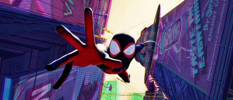 Miles Morales reaches out to save someone from falling in Spider-Man: Across the Spider-Verse