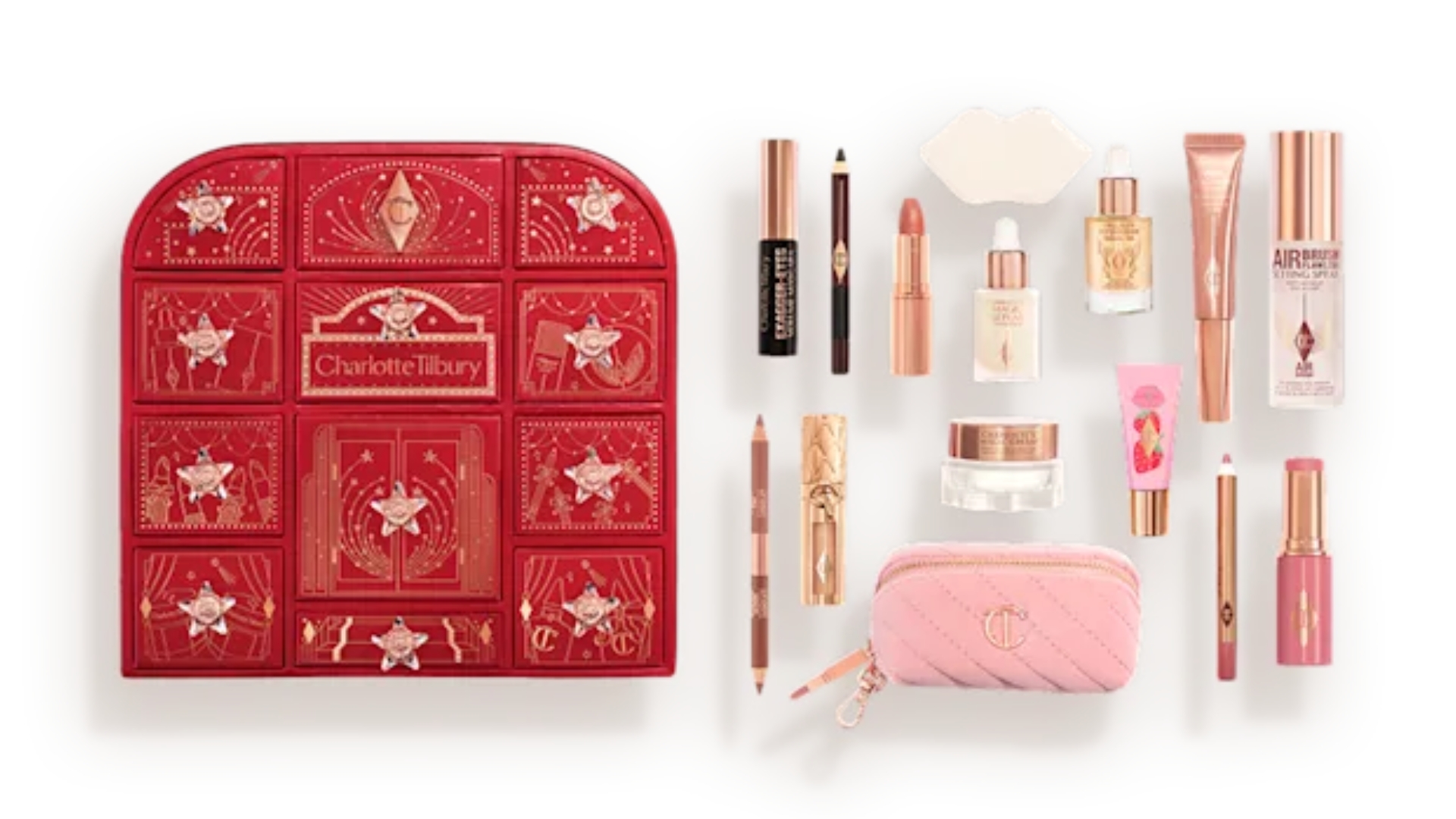 Charlotte's Hollywood Beauty Wonderland Advent Calendar with its contents laid out next to it