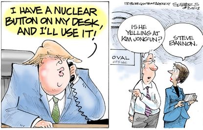 Political cartoon World Trump Kim Jong Un nuclear weapons bigger button Bannon breakup