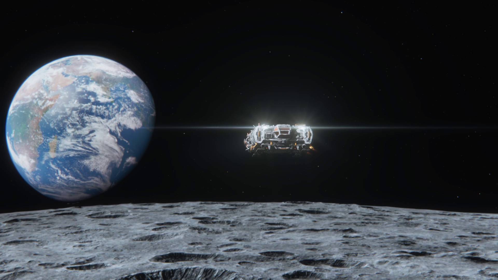 Pragmata spaceship flying over the moon's surface with earth in the background