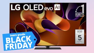 The LG G4 OLED TV against a colorful background alongside a Tom&#039;s Guide-branded badge reading &quot;BLACK FRIDAY&quot;