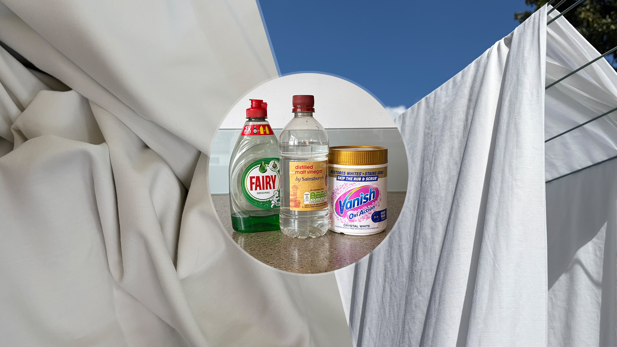 On the left, a close up of a set of dull, gray bed sheets. On the right, the same sheets on a washing line, looking sparkling white. In the middle, an insert of dish soap, oxygen bleach and vinegar on a kitchen counter