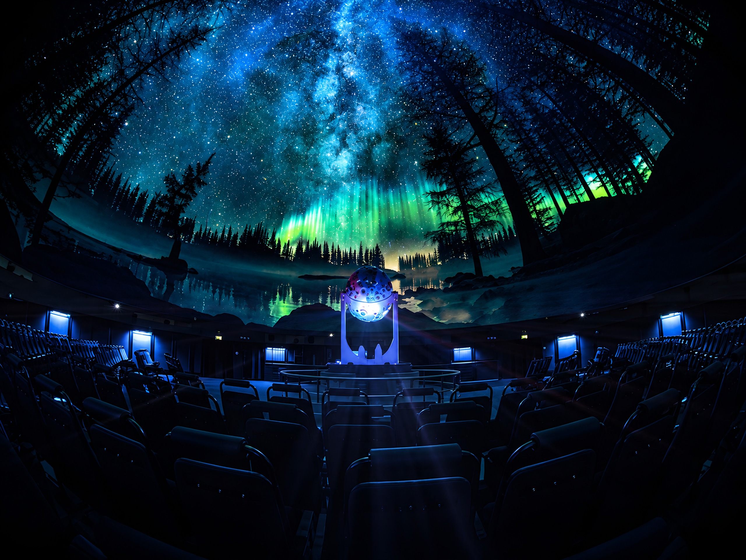 An immersive planetarium with stars on the sky of a domed screen.
