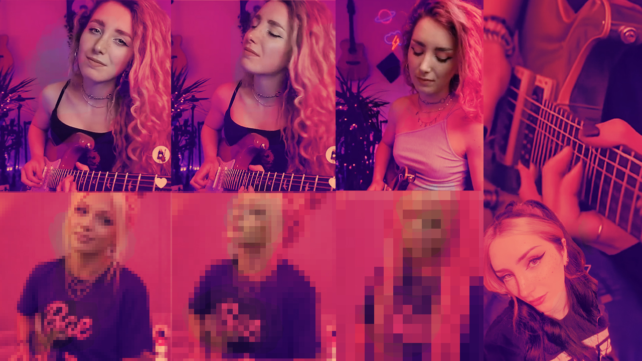 Screenshots of Sophie Burrell and the fake AI guitar influencer that was trained on her footage