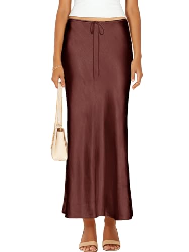 Skrtimory Womens Satin Silk Maxi Skirts Drawstring Flared Casual A-Line Long Skirt for Women Chocolate