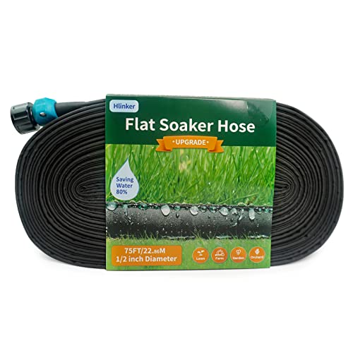 Hlinker Flat Soaker Hose 75 Ft for Garden Beds, 75ft 1/2" Linkable Consistent Drip Irrigation Hose Save 80% Water, Leakproof Heavy Duty Double Layer Sprinkler Hose
