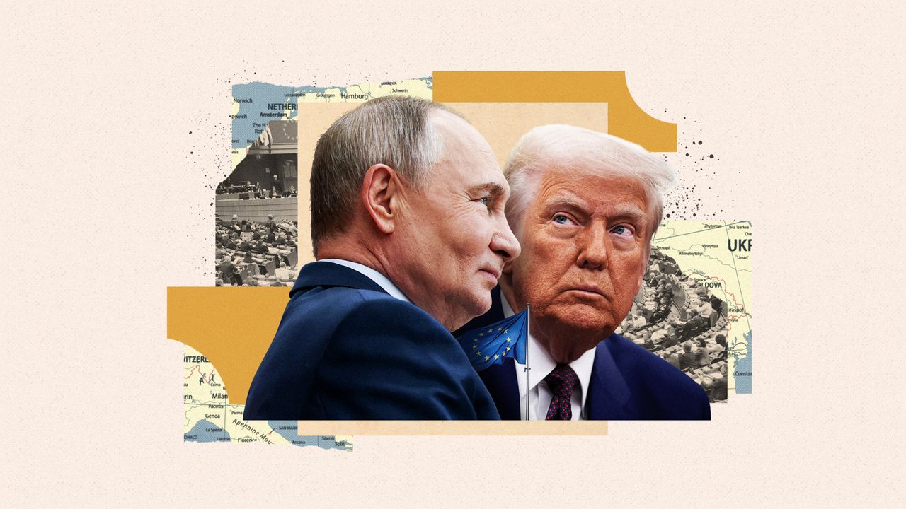 Photo composite illustration of Vladimir Putin, Donald Trump and a map of Europe