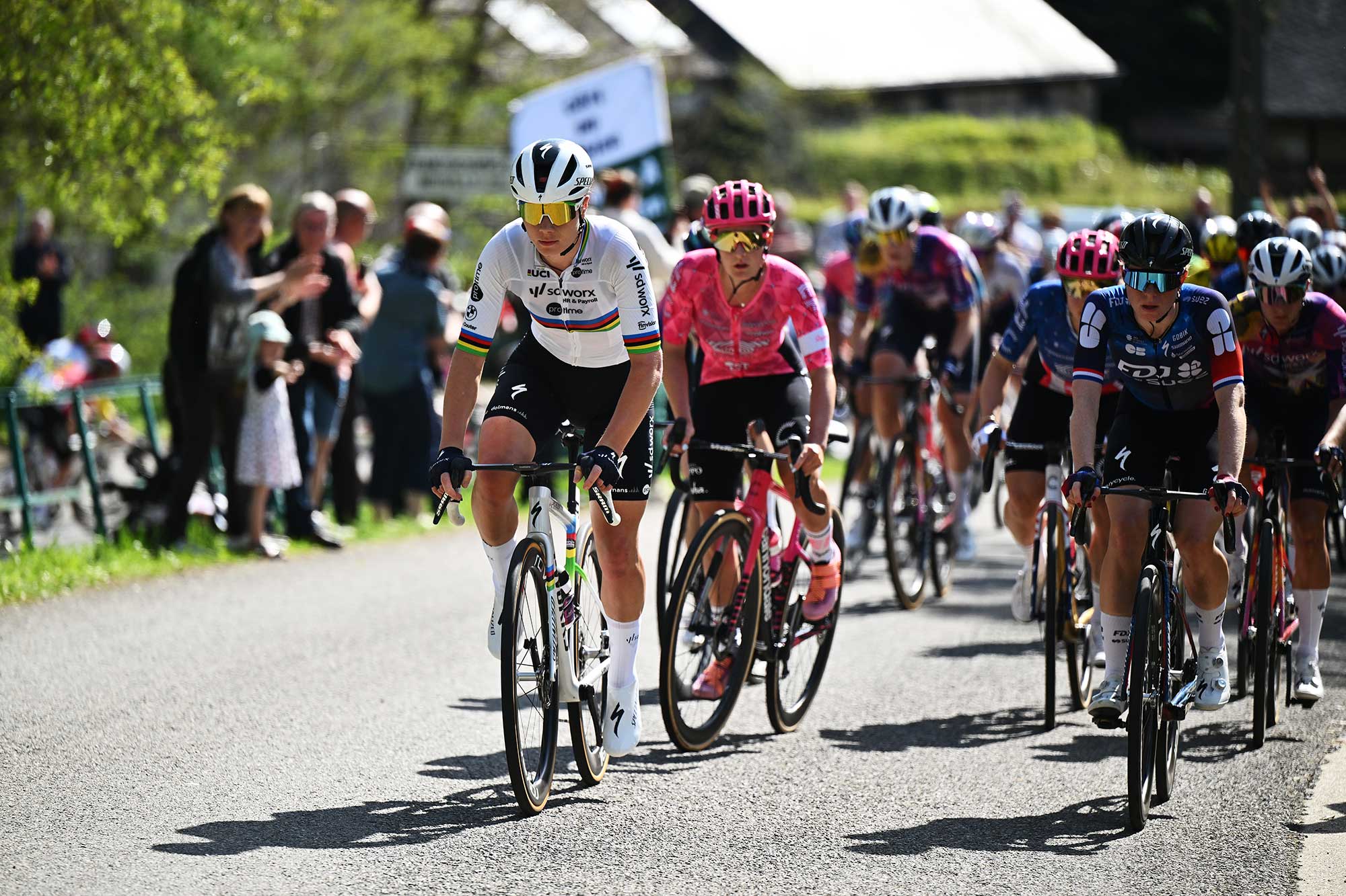 LIEGE BELGIUM APRIL 27 LR Lotte Kopecky of Belgium and Team SD WorxProtime and Demi Vollering of Netherlands and Team FDJSuez compete during the 9th Liege Bastogne Liege Femmes 2025 a 1529km one day race from Bastogne to Liege UCIWWT on April 27 2025 in Liege Belgium Photo by Luc ClaessenGetty Images
