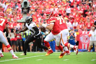 Patrick Mahomes (15) of the Kansas City Chiefs during a regular season game at Arrowhead Stadium in Kansas City, MO Sept. 22, 2019.