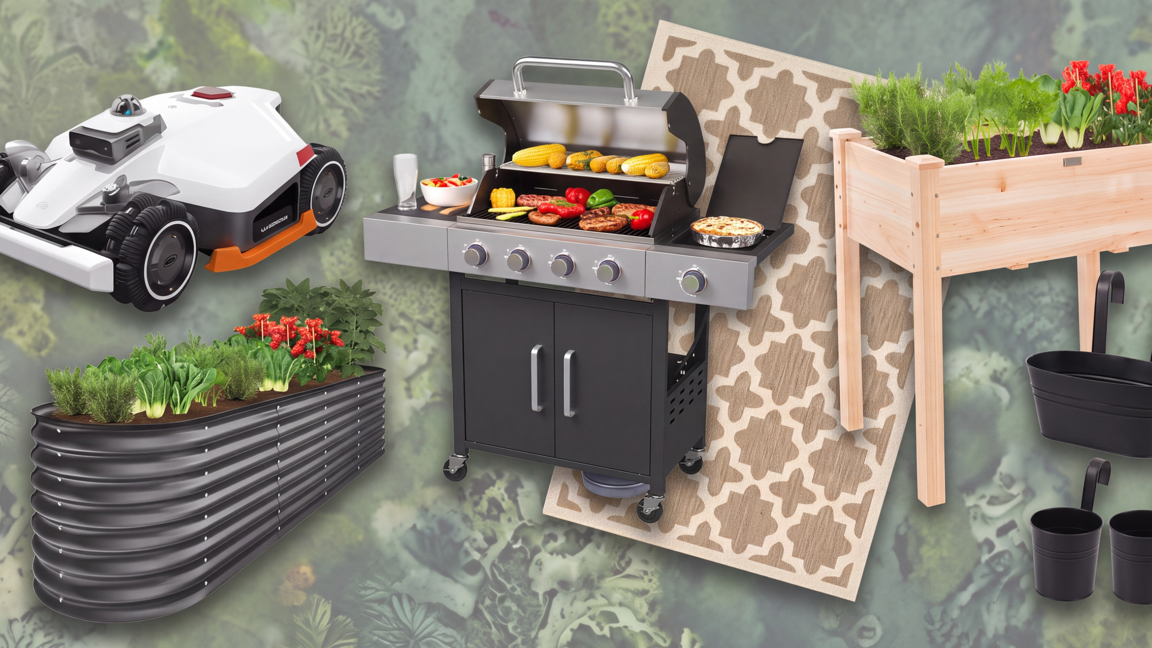 Selection of outdoor products against a mottled green background