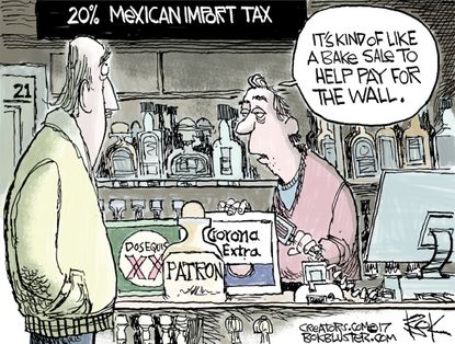 Political Cartoon U.S. Mexican Wall income tax bake sale