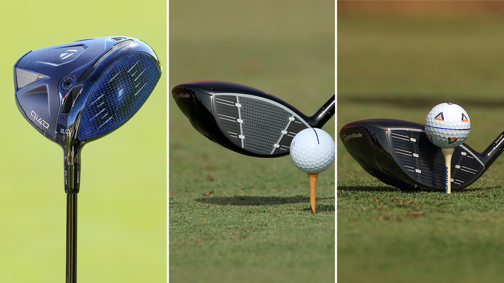 A close-up of Scottie Scheffler, Rory McIlroy and Tommy Fleetwood's drivers