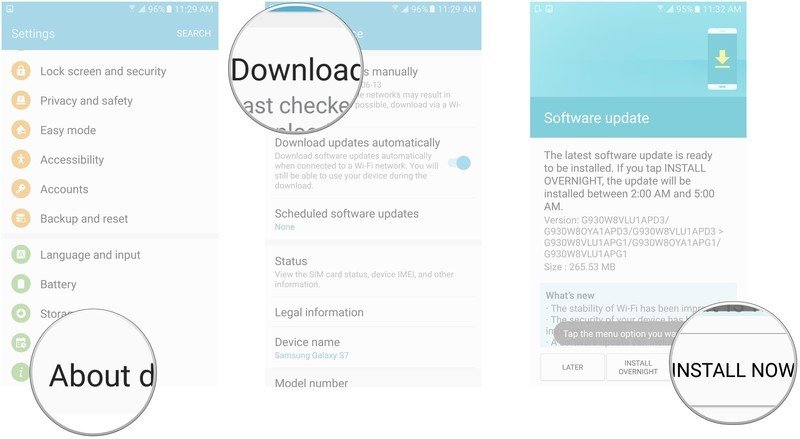 Launch Settings, tap About device, tap Download updates manually, tap an option