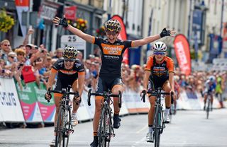National Road Race Championships, Abergavenny. Laura Trott shows her delight in taking the 2014 title from Dani King and Lizzie Armitstead.