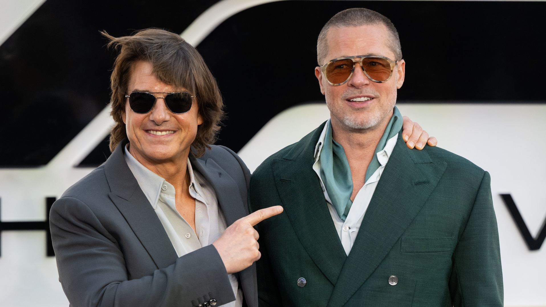 LONDON, ENGLAND - JUNE 23: Tom Cruise and Brad Pitt attend the "F1: The Movie" European Premiere at Cineworld Leicester Square on June 23, 2025 in London, England. (Photo by Samir Hussein/WireImage)