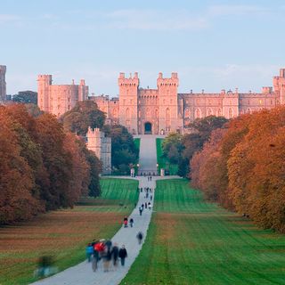 windsor castle with arched doorways and trees