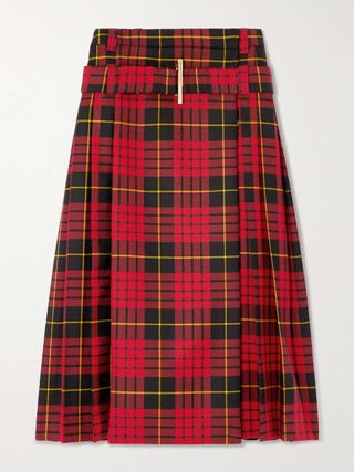 Pleated tartan wool midi skirt with belt