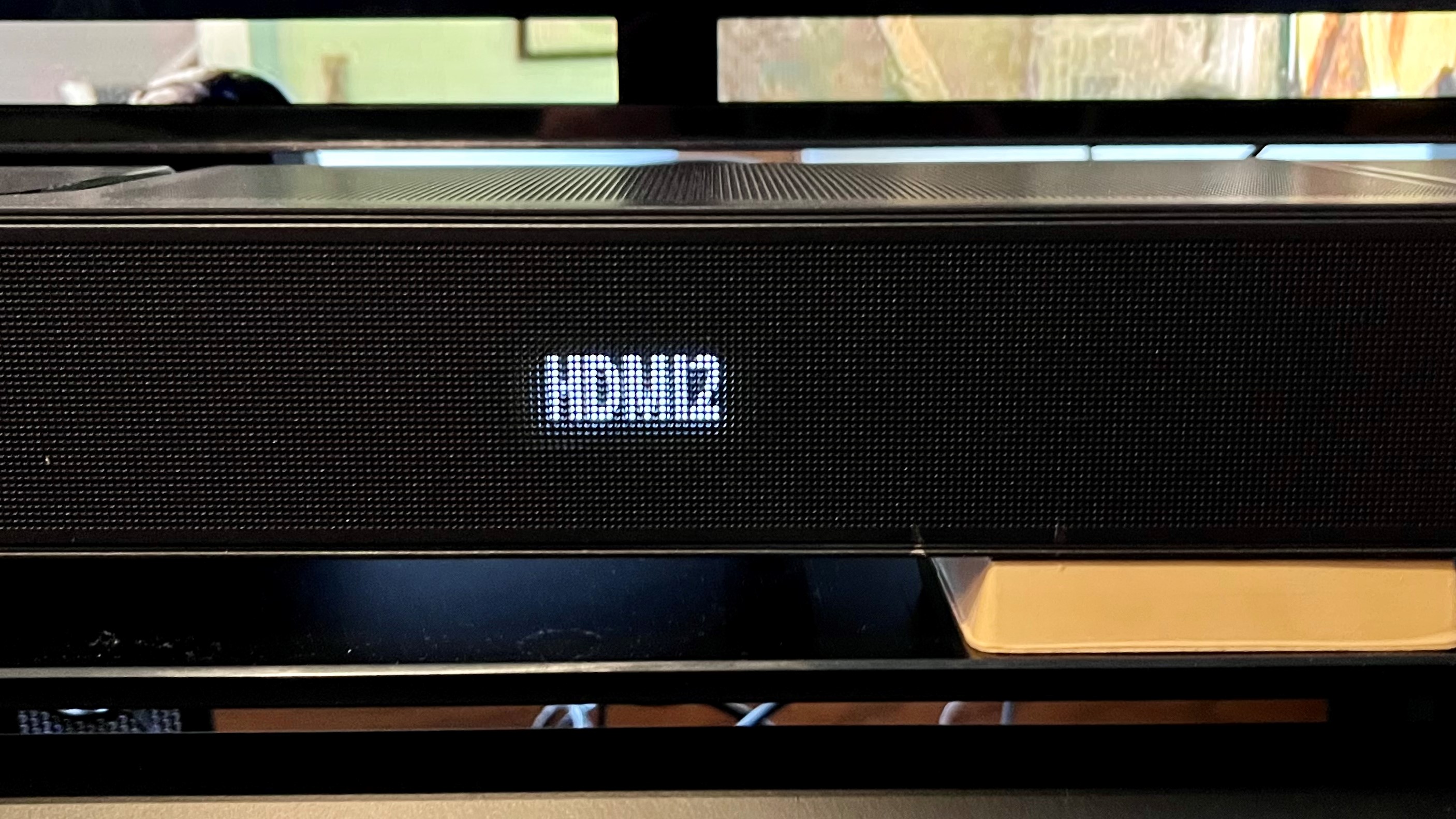 JBL 1300X soundbar front panel LED display showing HDMI input