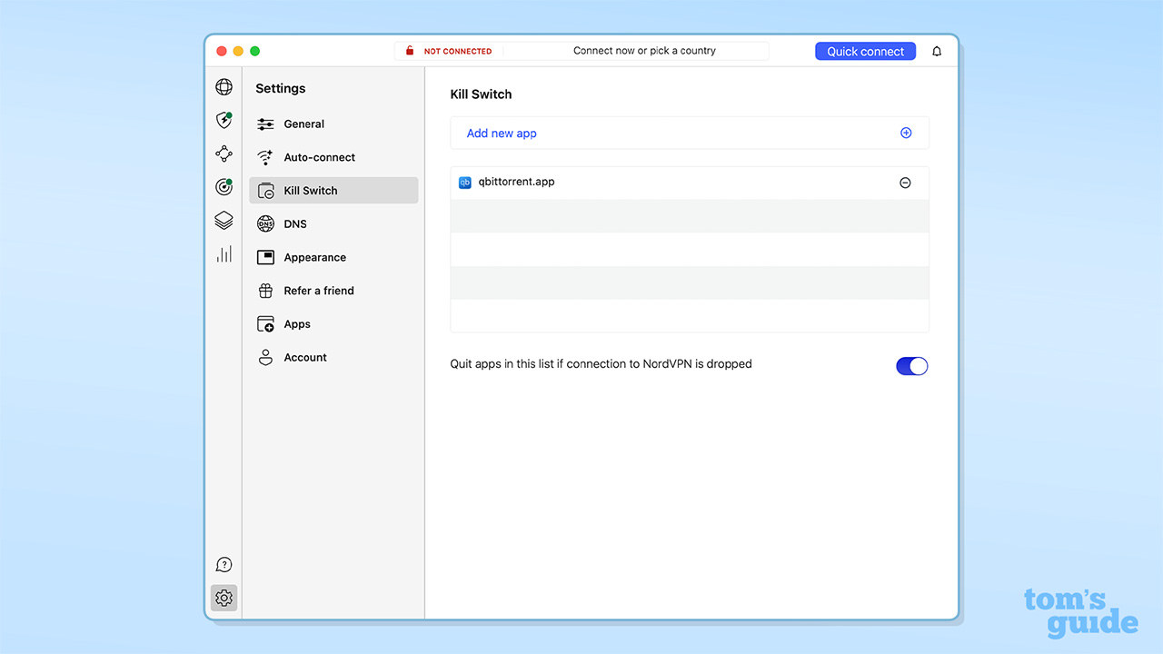A screenshot of the NordVPN Mac app showing the limited kill switch functionality