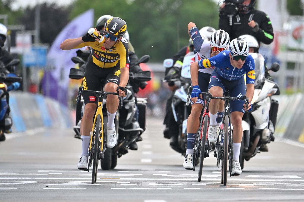 Belgian Wout Van Aert of Team JumboVisma Belgian Edward Theuns of TrekSegafredo and Belgian Remco Evenepoel of Deceuninck QuickStep pictured in action during the mens elite race at the Belgian cycling championships a 2202km race in Waregem Sunday 20 June 2021BELGA PHOTO DAVID STOCKMAN Photo by DAVID STOCKMANBELGA MAGAFP via Getty Images