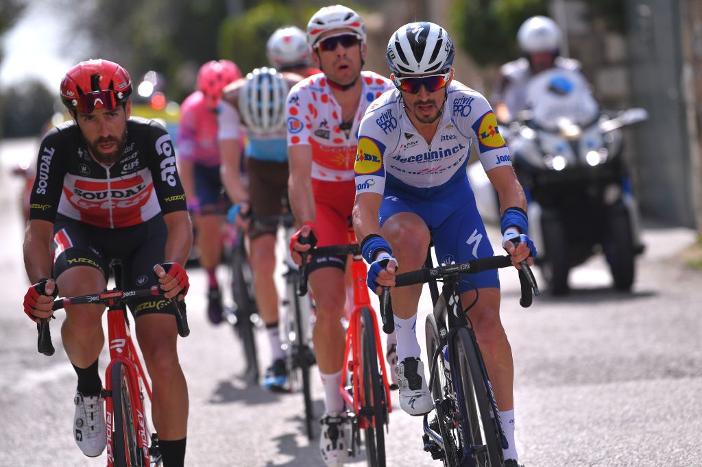 Lotto Soudal’s Thomas De Gendt and Deceuninck-QuickStep’s Julian Alaphilippe go head-to-head on the seventh and final stage of the 2020 Paris-Nice