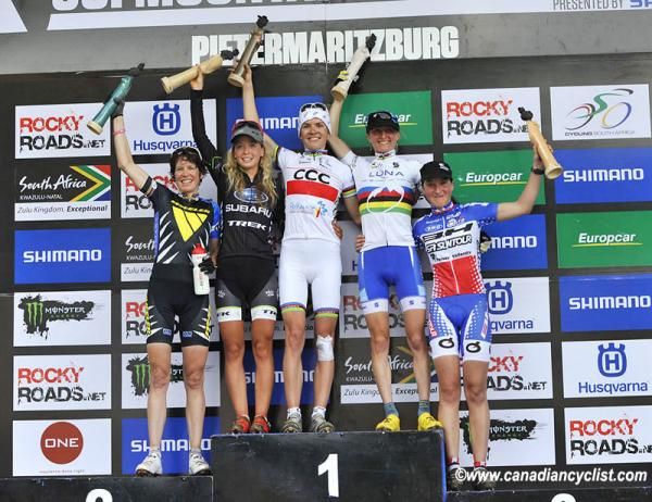 Elite women's podium in Pietermaritzburg, South Africa: Esther S&uuml;ss , Emily Batty , Maja Wloszczowska , Catharine Pendrel, Esther S&uuml;ss