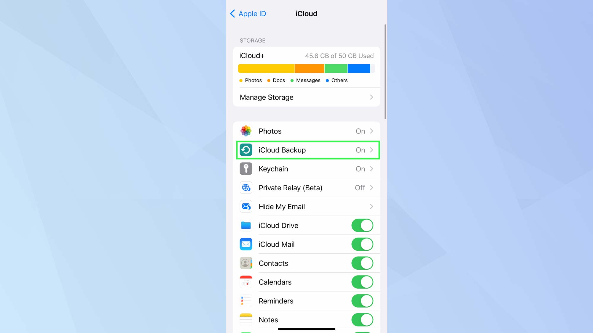 iOS iCloud app with iCloud Backup highlighted