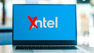 The Intel logo on a laptop screen with a large red 'X' over the 'i'.
