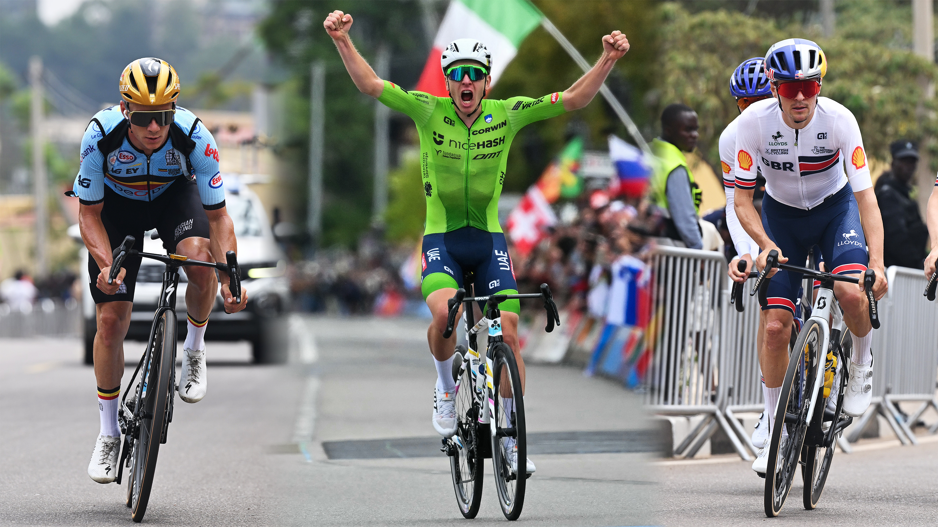 Composite image of Remco Evenepoel, Tadej Pogačar and Tom Pidcock riding their bikes in national kit