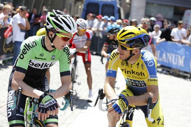 David Tanner (Belkin) and Mick Rogers (Tinkoff-Saxo) at the start
