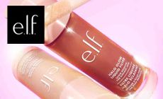 ELF logo placed over an image of two elf lipglosses in front of a baby pink background