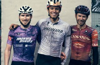 Pro men's 2024 podium (L to R) for 2024 Low Gap gravel race: third-placed Sean Bennett, winner Chris Blevins, second-placed Peter Stetina