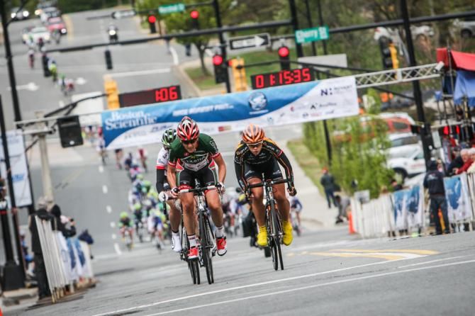Olivia Dillon (Colavita) leads a break through the finish area.