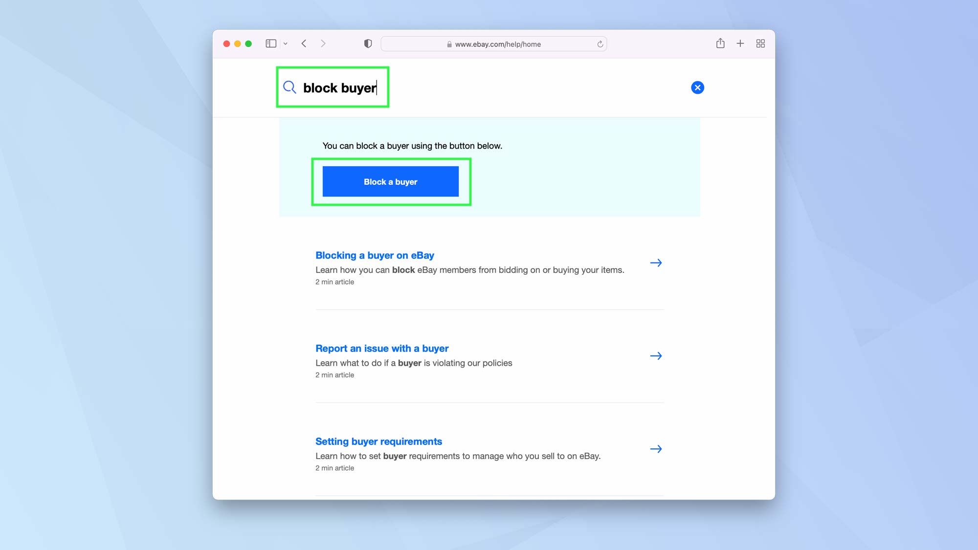 Screenshot of eBay website help section with "block a buyer" highlighted