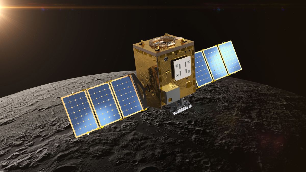 a cube-shaped satellite in orbit above the moon