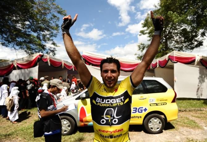 Winner, winner! Jake Kauffmann (Budget Forklifts) pumped after taking out Stage 2 at Tour de Singkarak