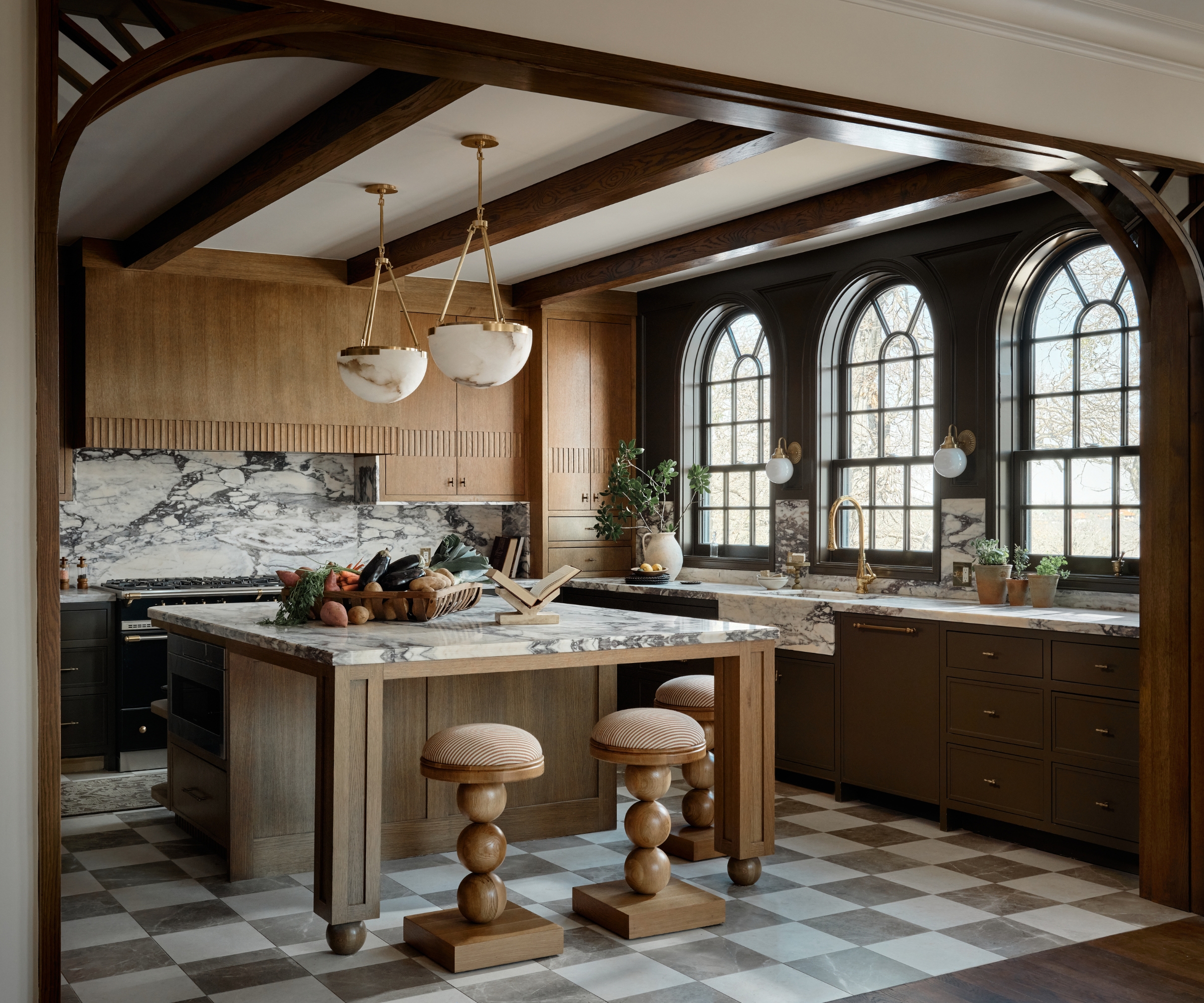 A wooden kitchen with white oak cabinets, arched windows, marble countertops, and a checkerboard floor