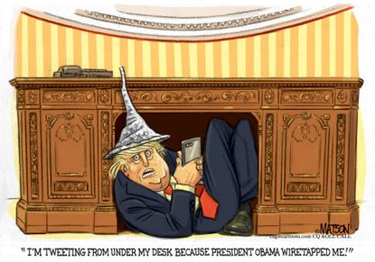 Political Cartoon U.S Trump Obama White House wiretap Twitter Oval Office