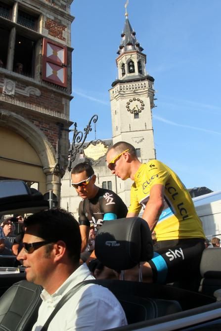 Richie Porte and Sky teammate, Tour de France winner Chris Froome before the Aalst Criterium